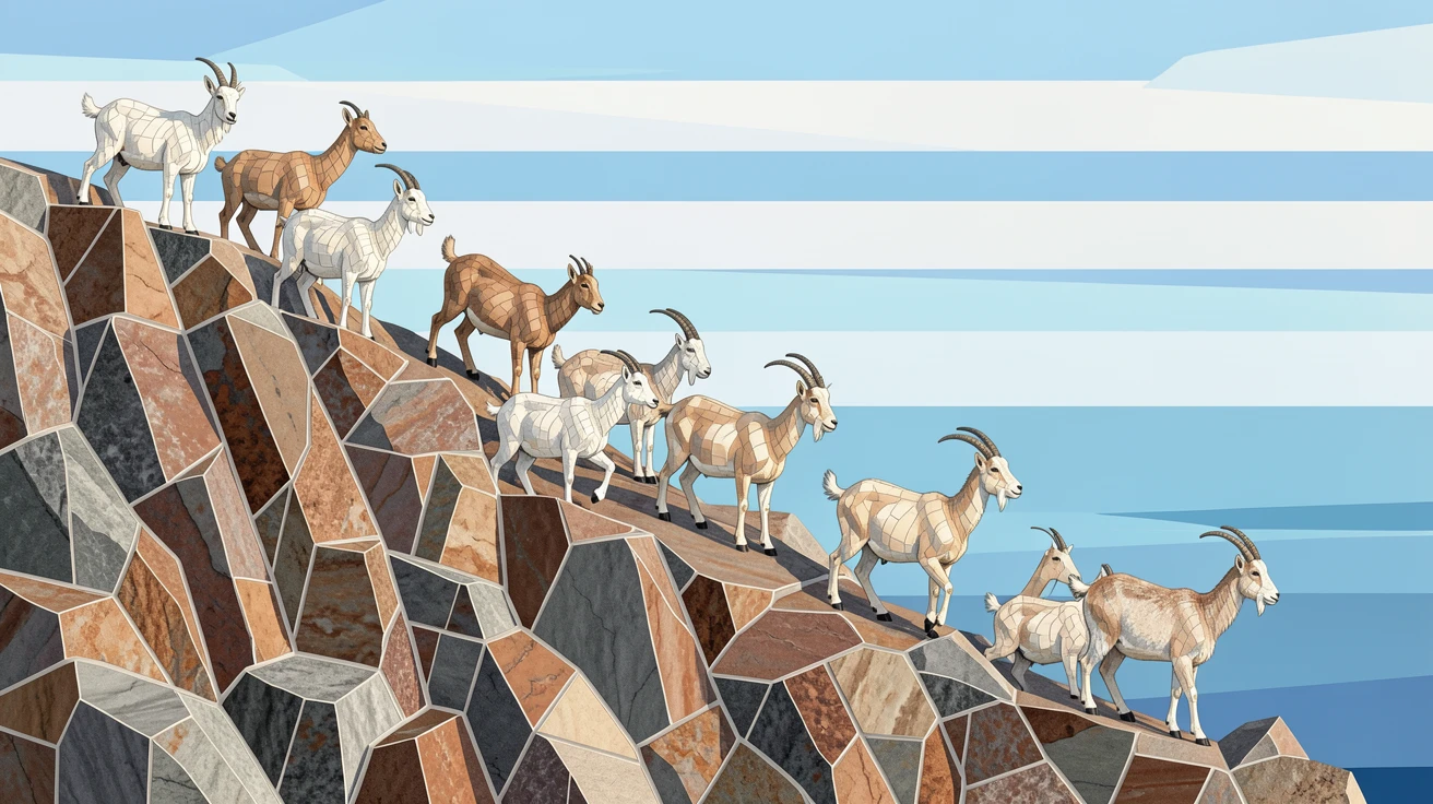 A peaceful herd of wild goats climbing a rocky coastal cliff.
