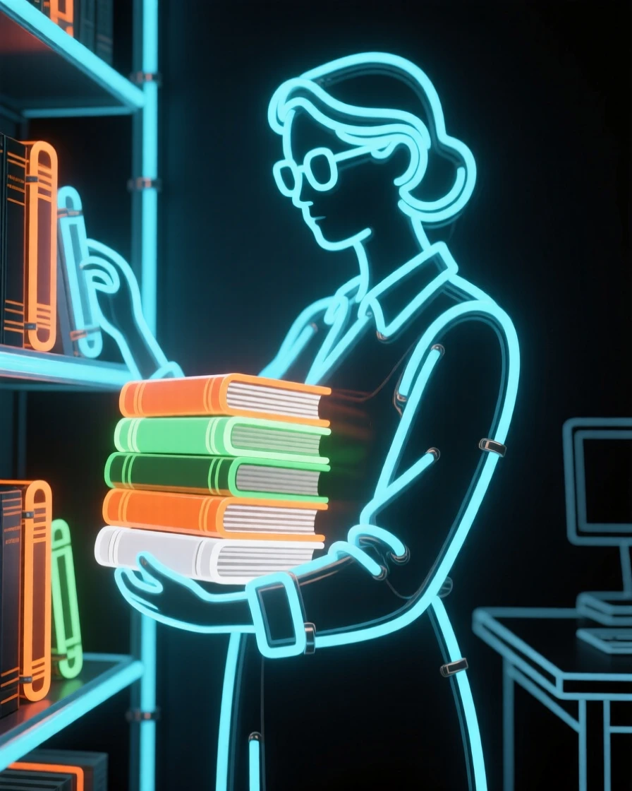 A librarian organizing an armful of returned books.