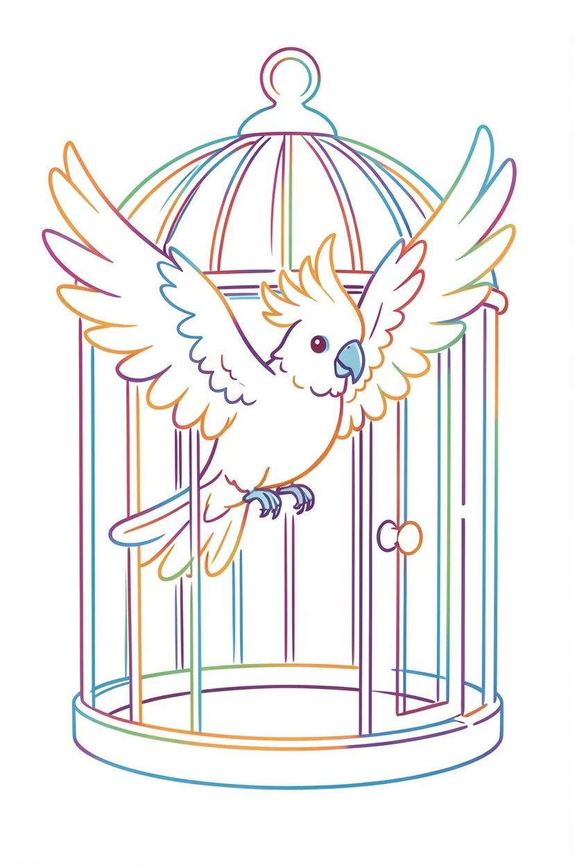 A cockatoo perched on a birdcage door left ajar, wings spread as if about to fly out.
