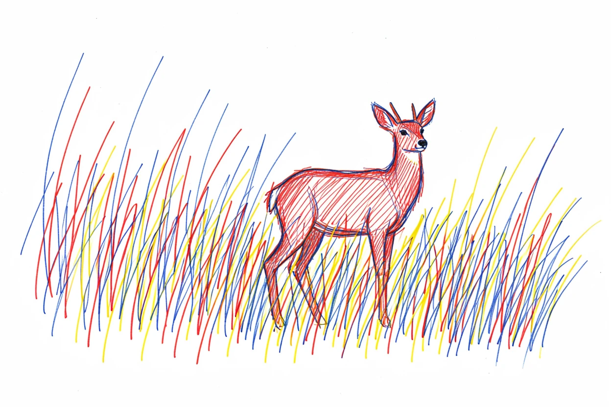 A field of tall grass at sunset with a single deer standing alert at its edge