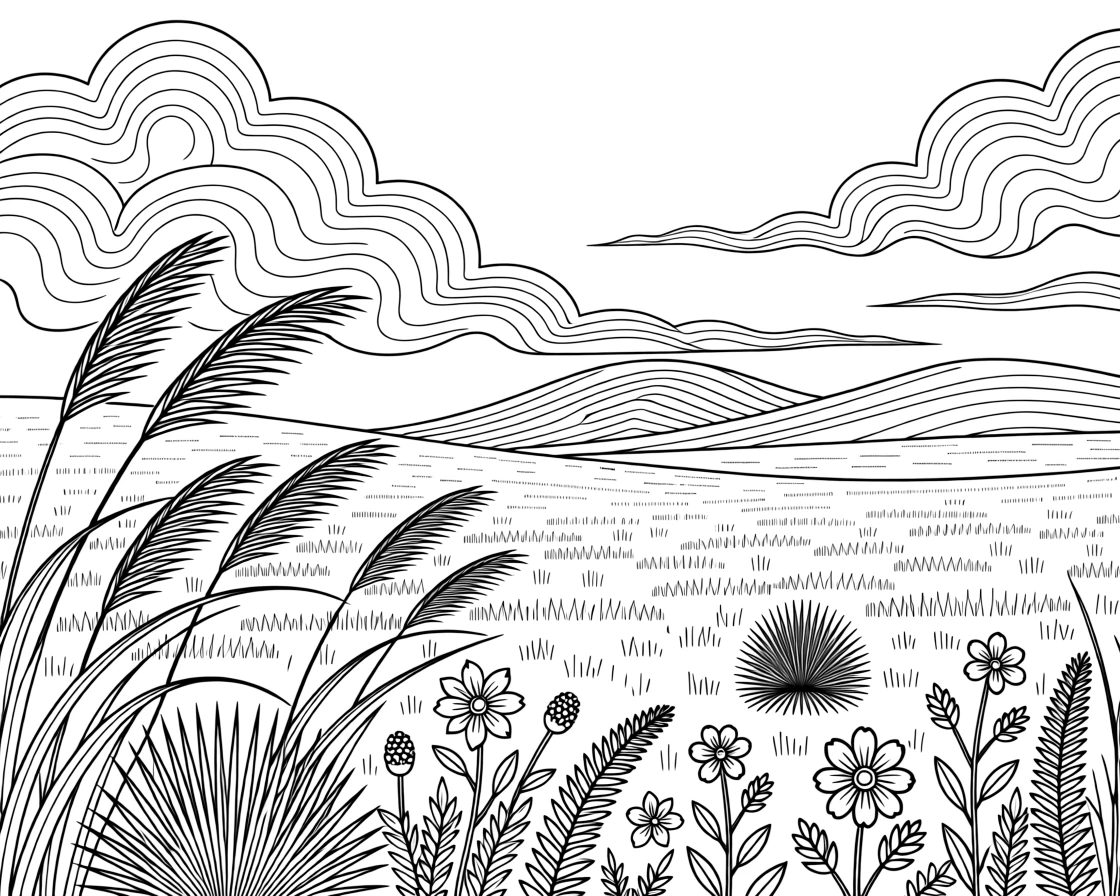 A prairie landscape with tall grasses bending in the wind under a big sky.