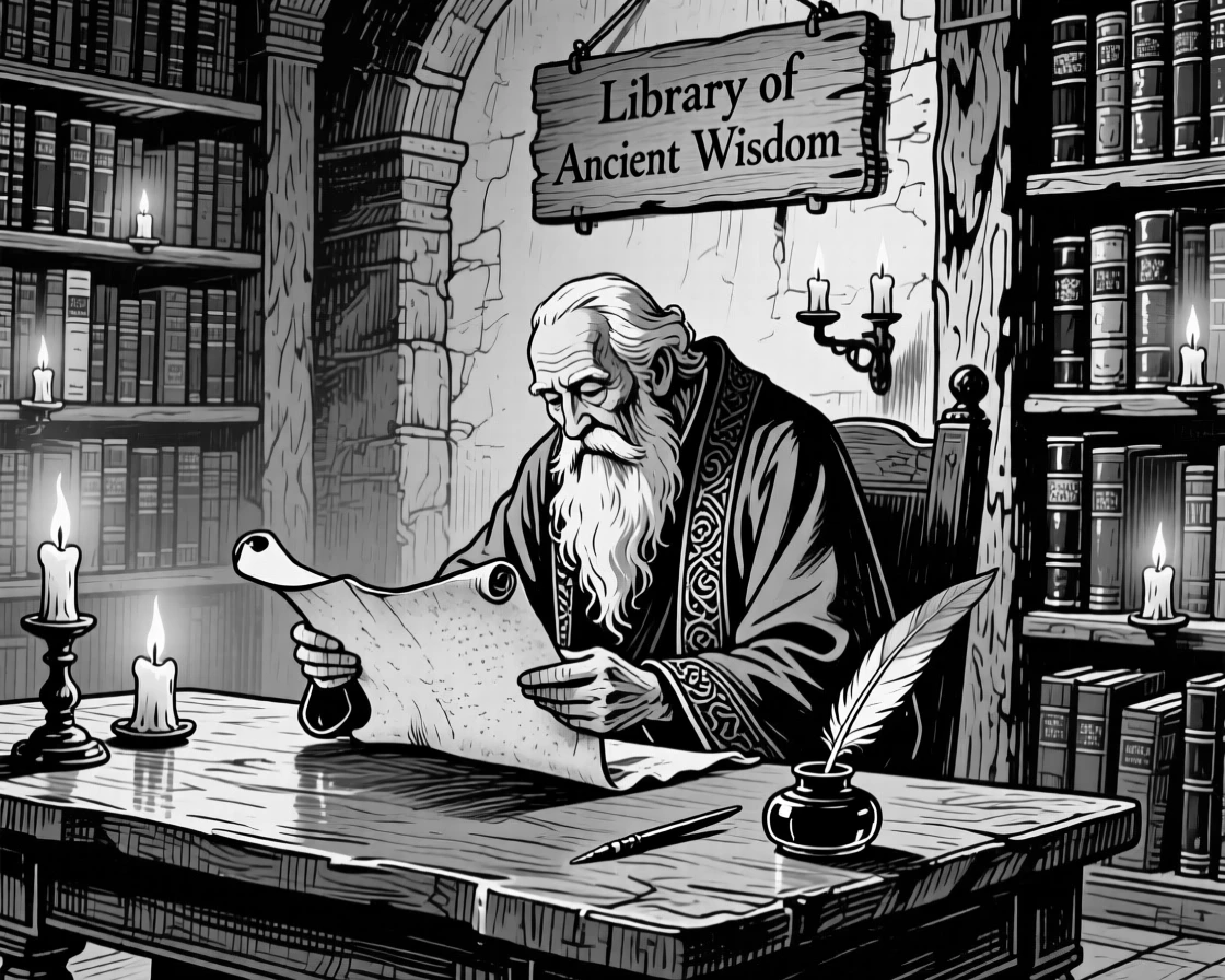 A scholar reading an ancient scroll in a candlelit library filled with leather-bound books.