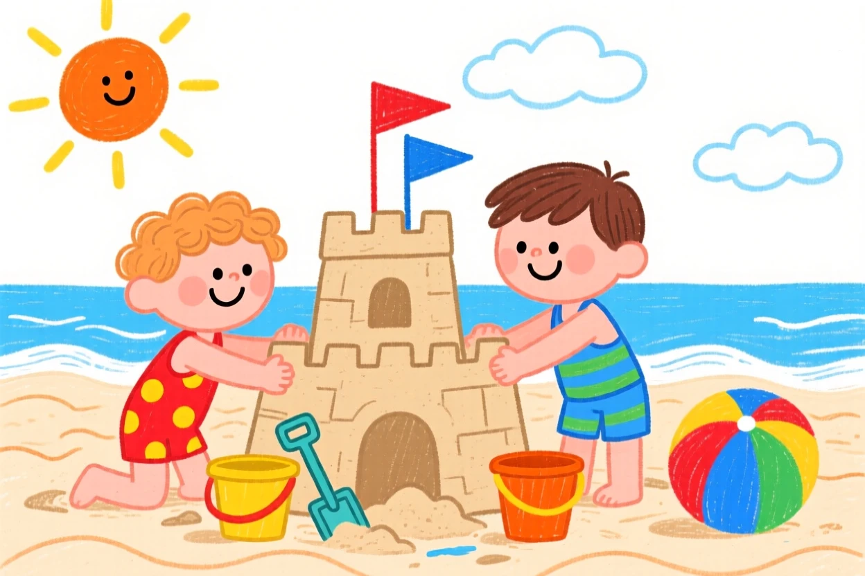 Two children building a sandcastle together on a sunny beach.