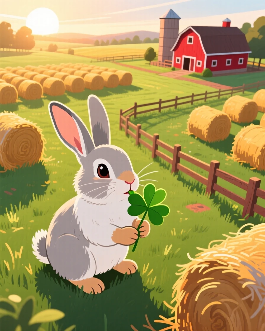 A rabbit with long ears nibbling on a clover leaf, set within a peaceful farmyard at early morning, shown from above in a charming bird's-eye view, with vivid, richly saturated colors that pop.