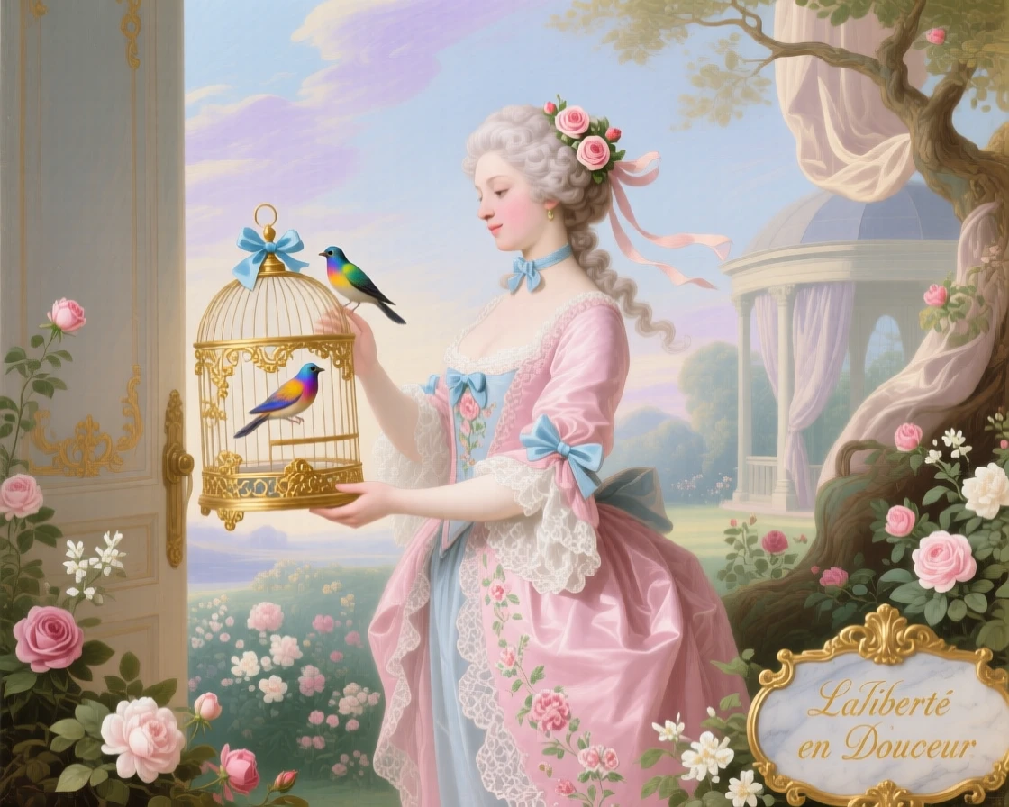 A lady releasing a small songbird from an open gilded cage  