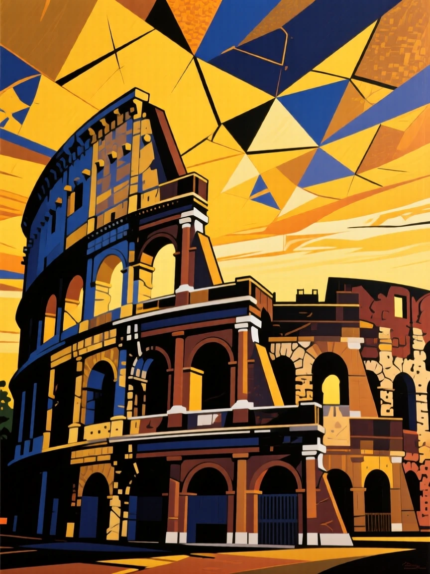 The Colosseum standing majestically under a dramatic golden evening sky.