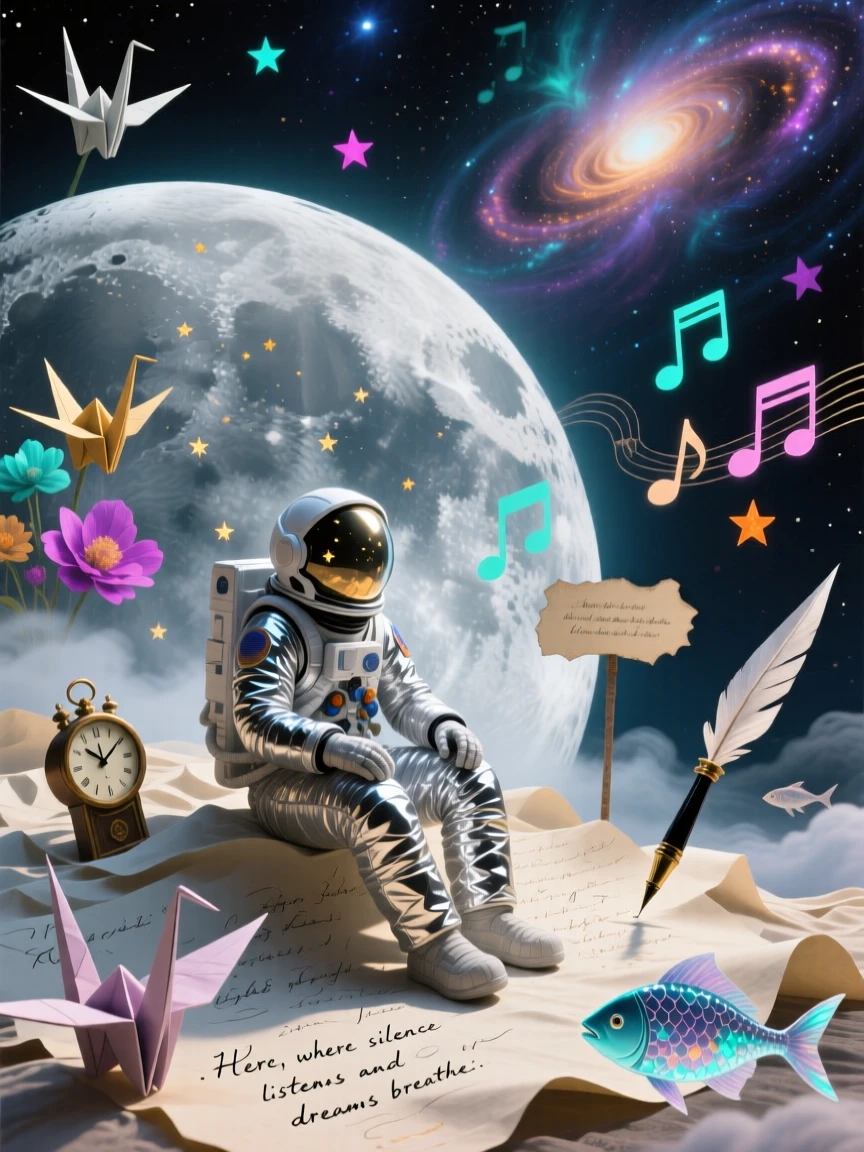 A lone astronaut resting quietly on the surface of a paper moon rests peacefully in a space that feels both familiar and strange, while distant sounds drift softly through the surrounding air.