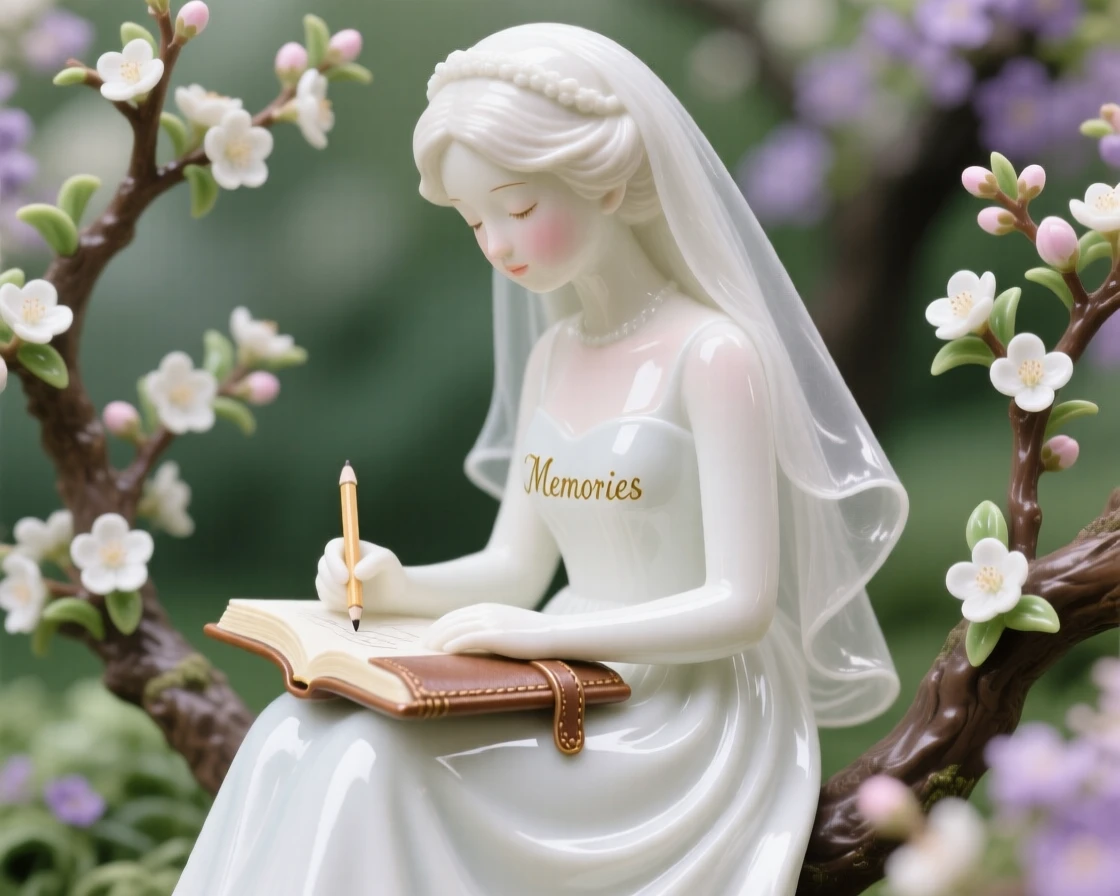 A young bride sketching in a leather-bound journal, her gaze lowered in quiet grace, in a blooming orchard.