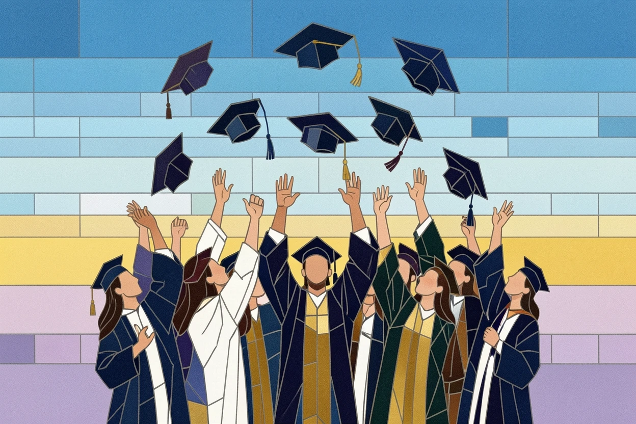 A graduation ceremony with caps thrown joyfully into the air.