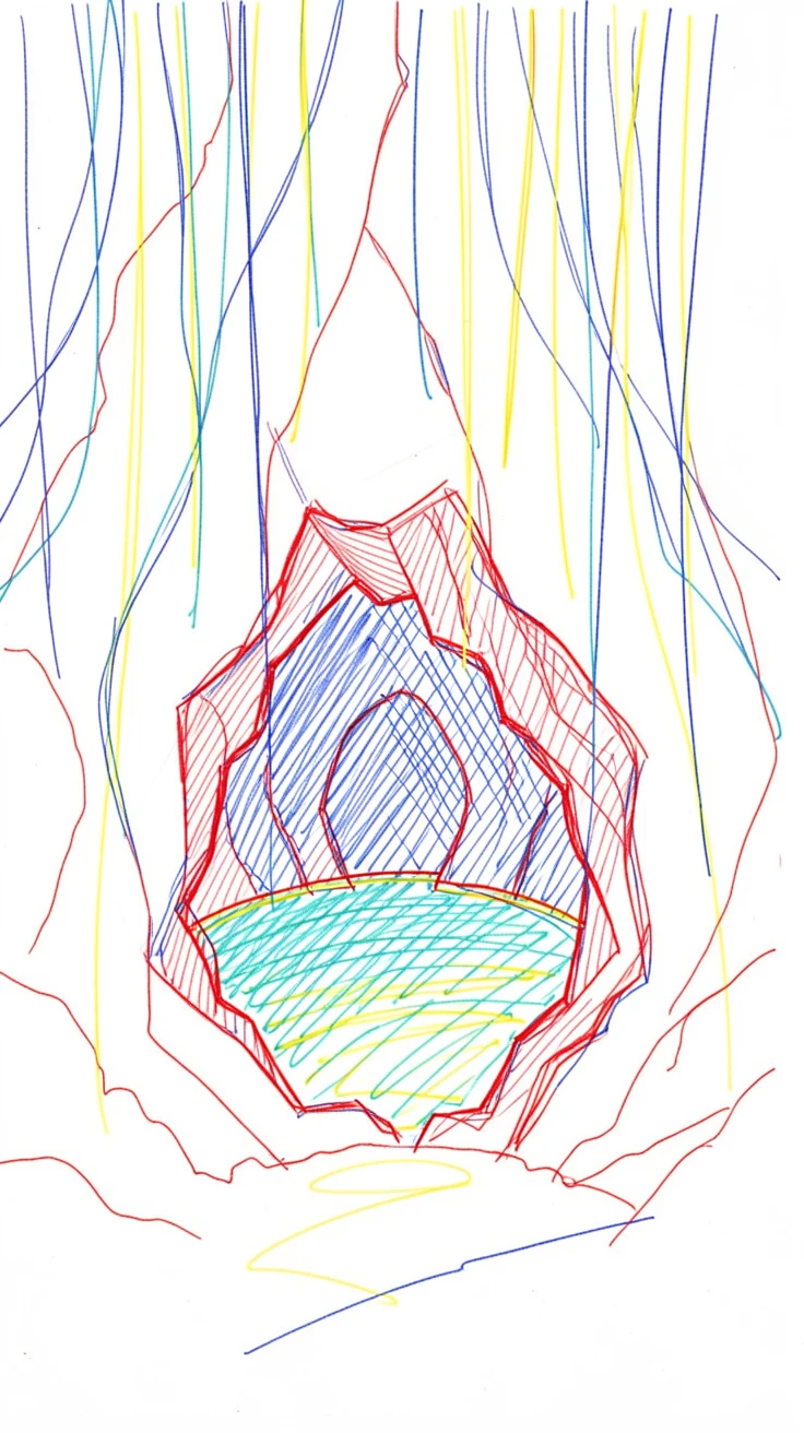 A cave opening framed by hanging vines, revealing a hidden turquoise pool inside