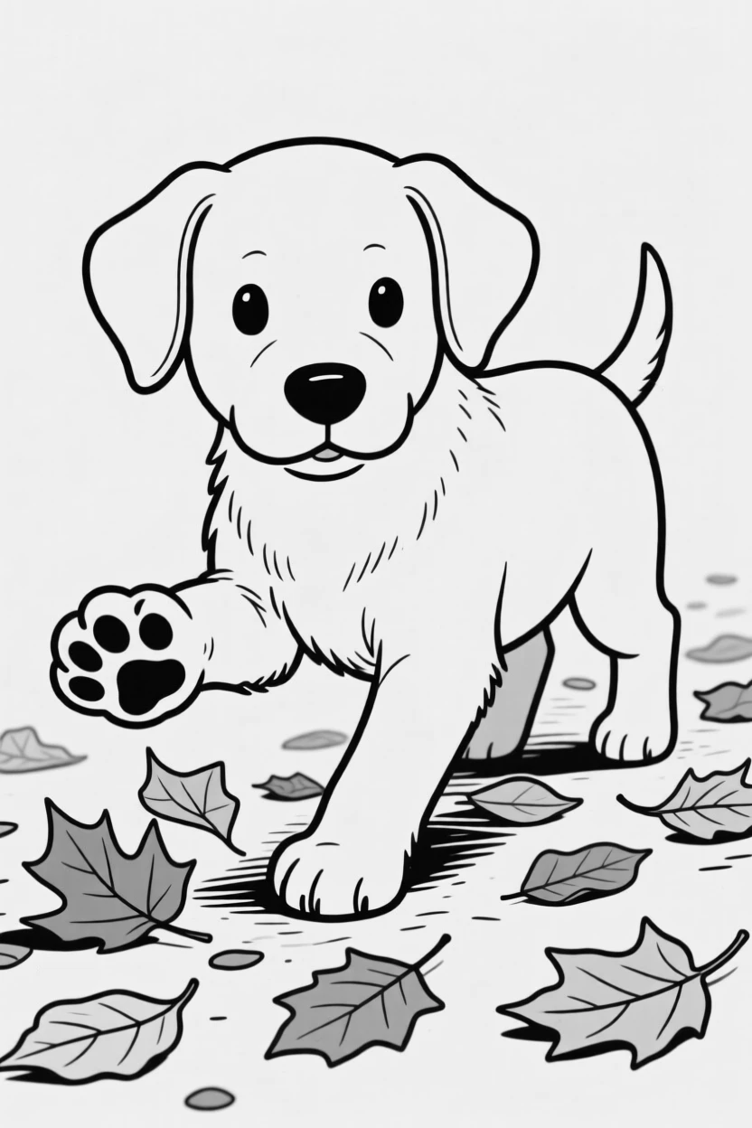 A curious puppy with oversized paws exploring fallen leaves