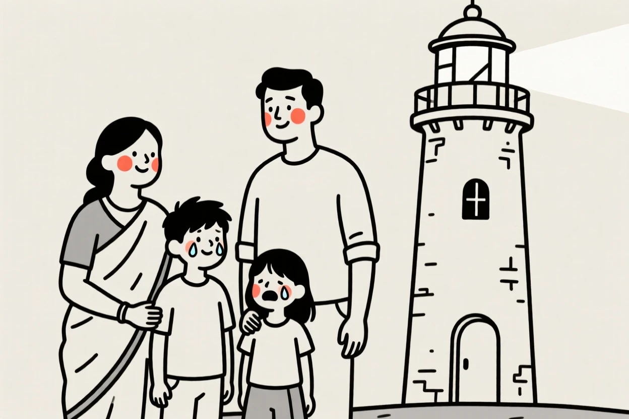 A family of four of Indian heritage, holding back happy tears, beside an old lighthouse.