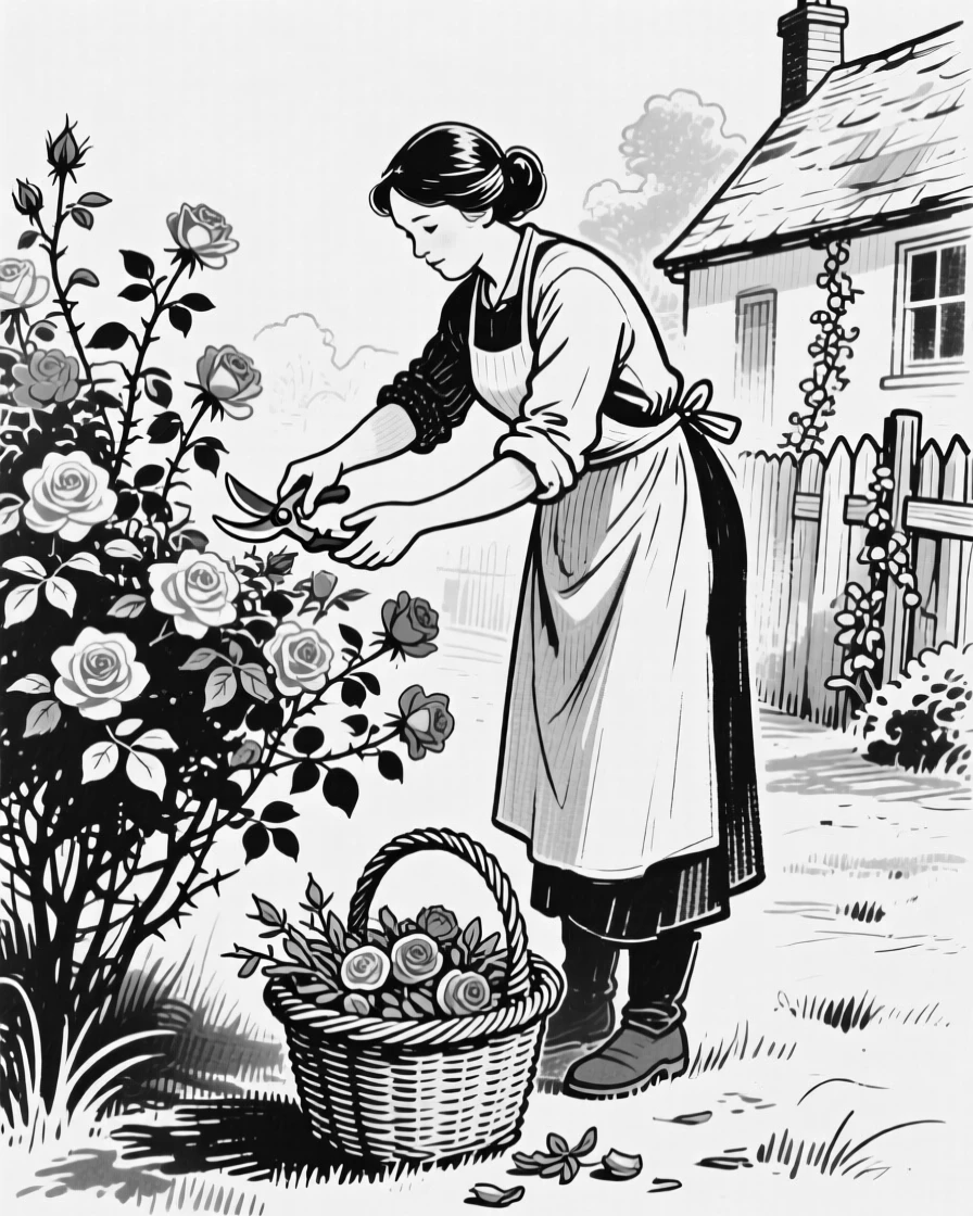 A gardener pruning rose bushes in a sunlit cottage garden, basket of clippings at her feet.