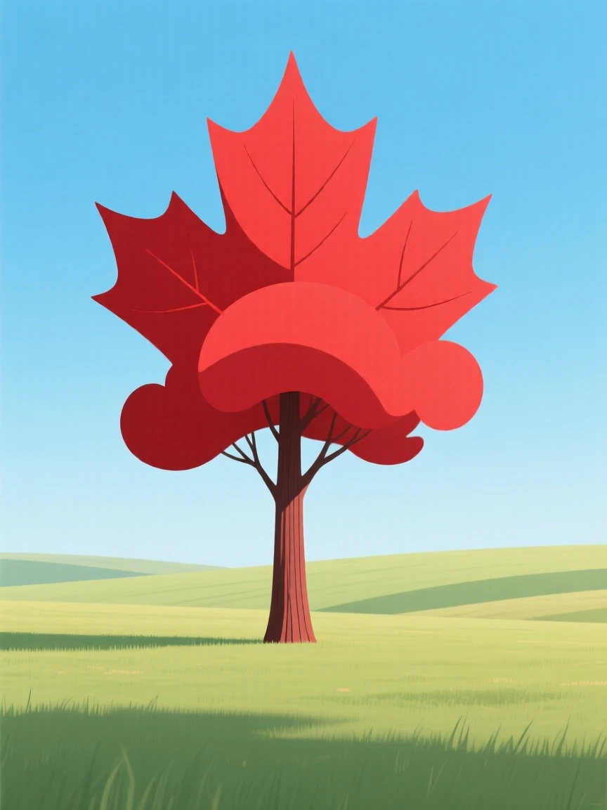 A towering red maple standing alone in an open field under a clear blue sky.