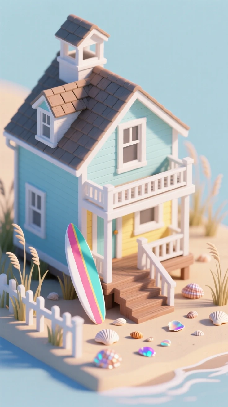A colorful Cape Cod beach house with a widow's walk on the roof, a sandy path lined with sea grass, a surfboard leaning against the porch, and seashells scattered on the steps.
