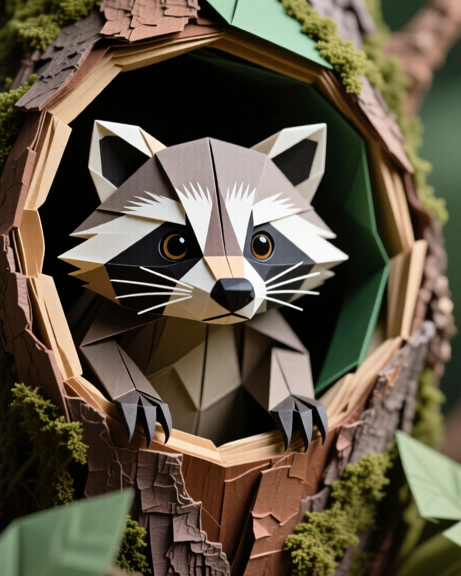 A baby raccoon peeking out from inside a hollow log, tiny paws gripping the bark, curious eyes wide.