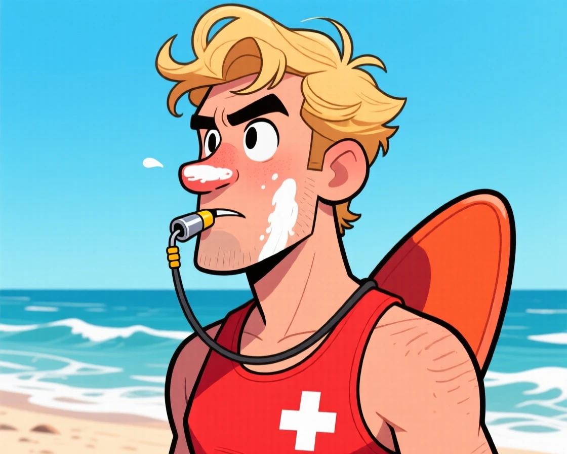 A memorable character portrait of a beach lifeguard with sun-bleached hair, whistle in mouth, sunscreen smeared on his nose, scanning the horizon.