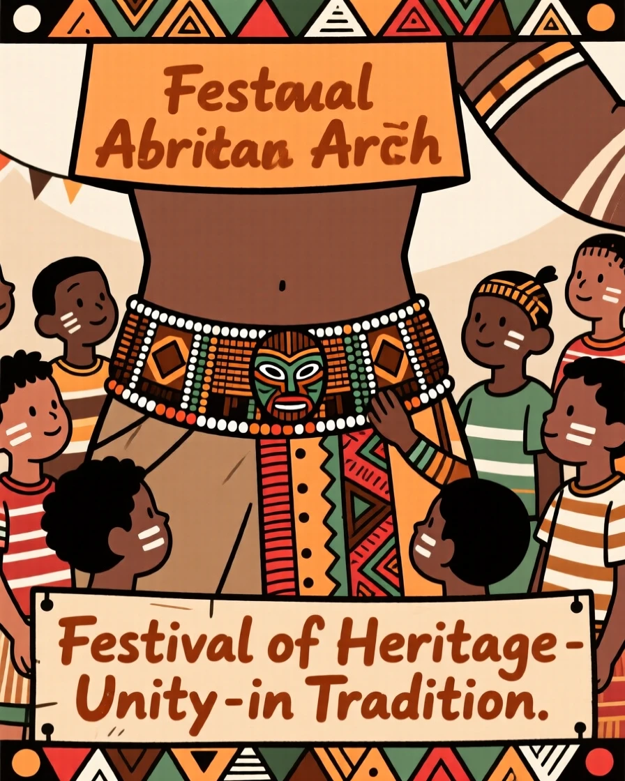 A beaded waist belt admired by children during a festival gathering.