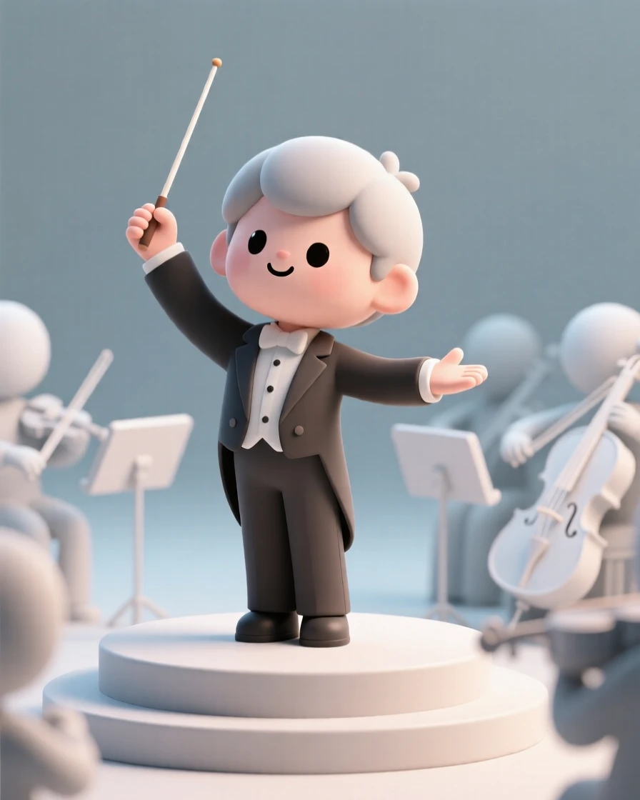 A young orchestra conductor raises a baton with passion, guiding musicians through a soaring crescendo on a grand stage.
