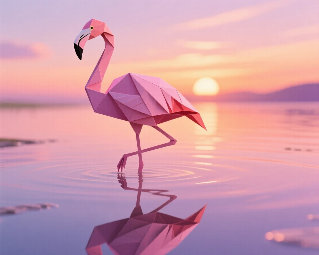 A flamingo balanced on one leg in shallow pink-tinted water at sunset, its reflection perfectly mirrored below.