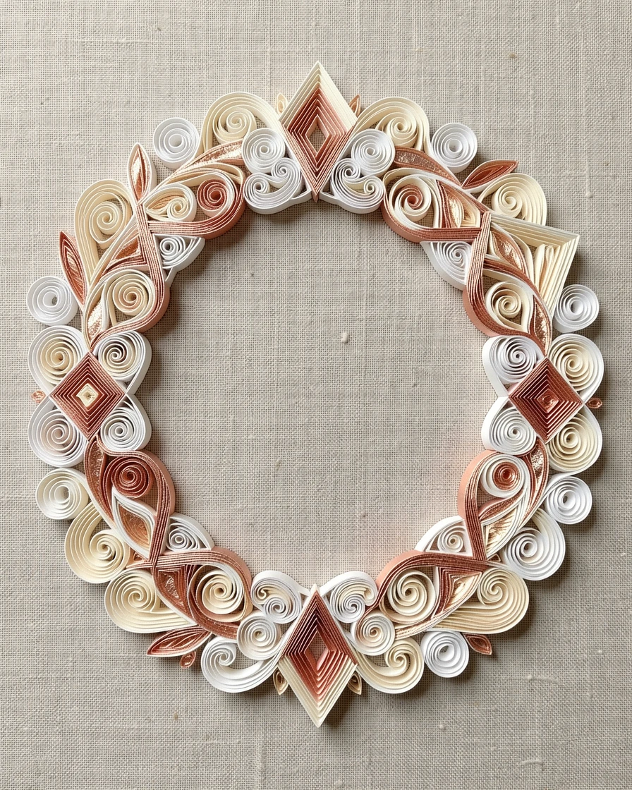 An elegant design featuring an intricate filigree wreath framing empty center space, structured with clean geometric precision, accented with delicate touches of rose gold, displayed on a textured linen backdrop.