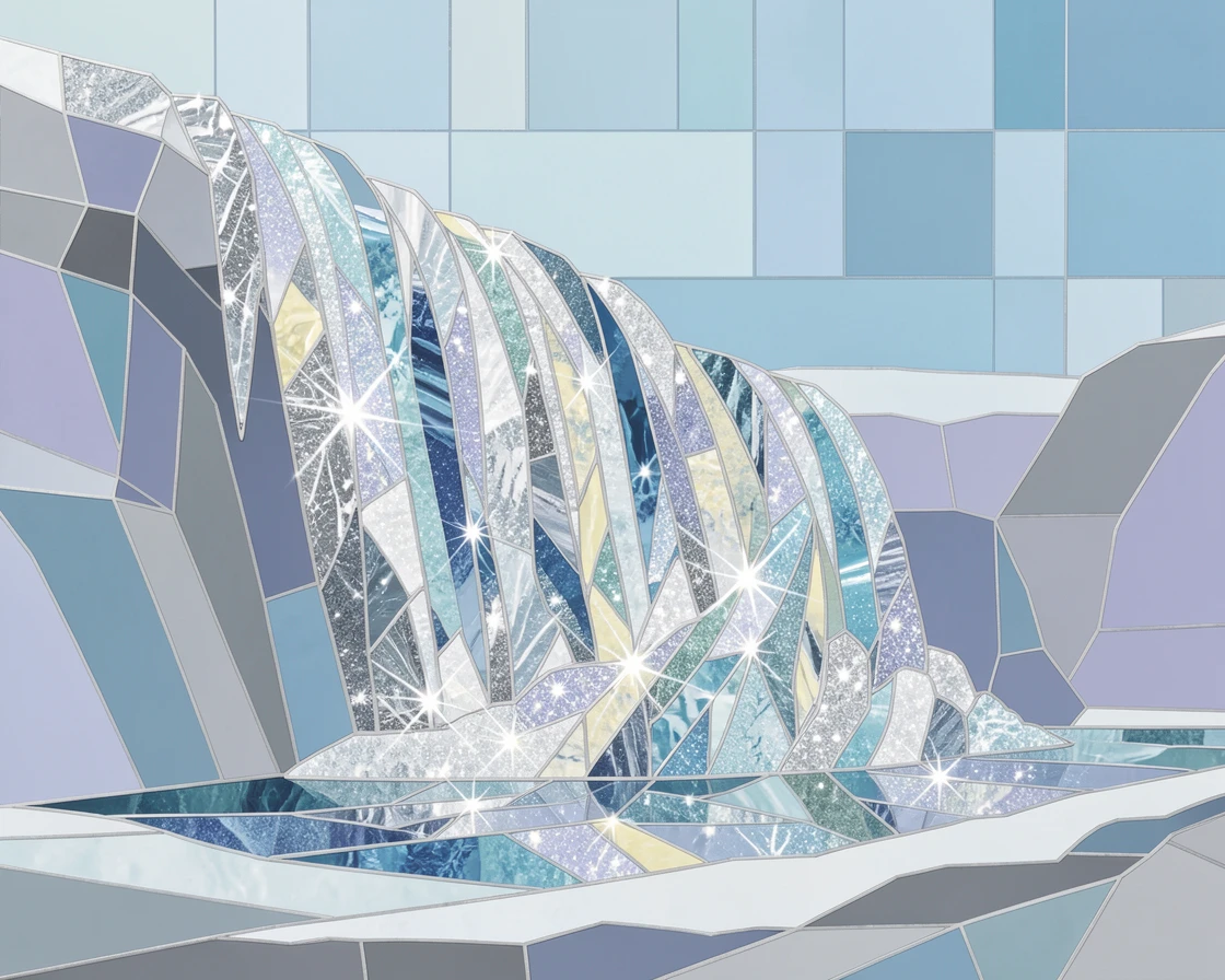 A frozen waterfall encased in glittering ice crystals.