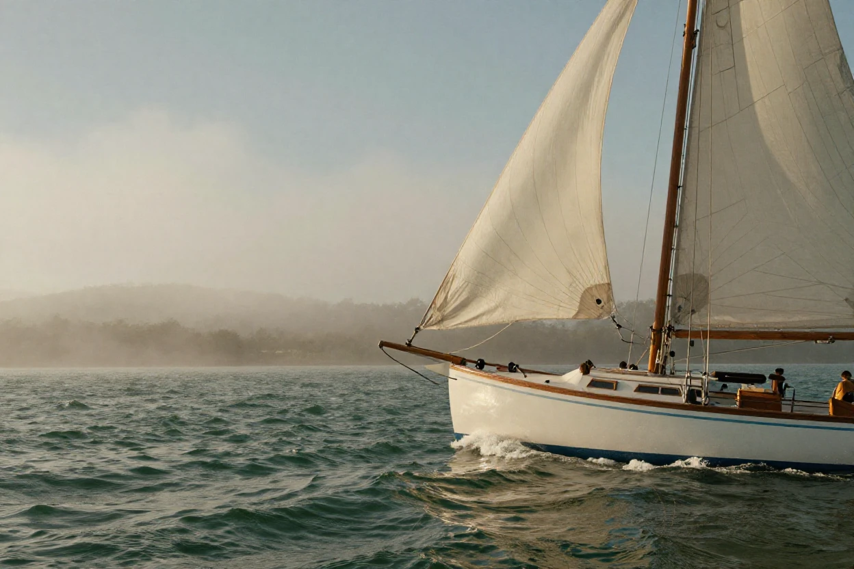 A sailboat cutting through gentle waves under an open sky, in gentle diffused daylight, in thick rolling fog, in the height of summer, with deep emerald greens and browns, in a tight close-up.