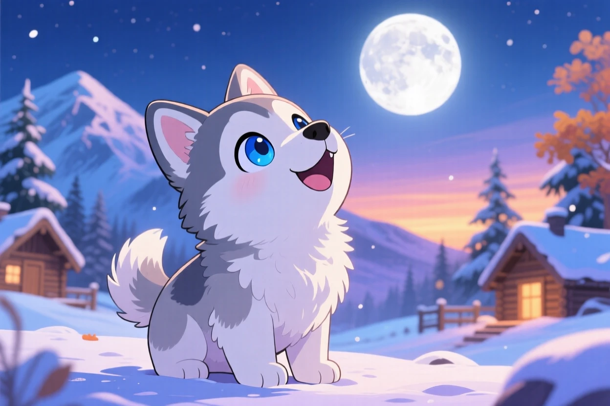 A fluffy husky puppy howling softly at a bright full moon in a snowy mountain outpost on a crisp autumn afternoon; soft moonlight washes over the scene as delighted joy fills the moment. Waist-up portrait.