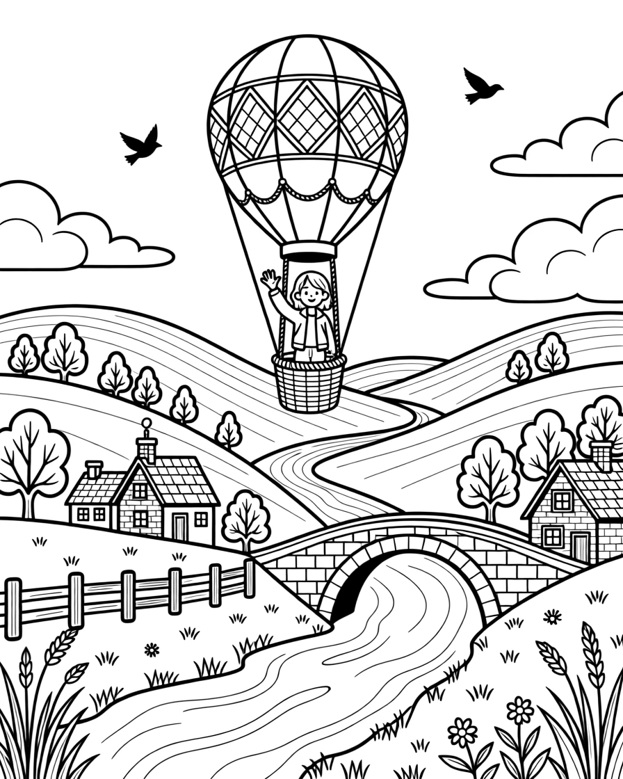 A hot air balloon drifting above rolling countryside hills, with a river reflecting the surrounding architecture.