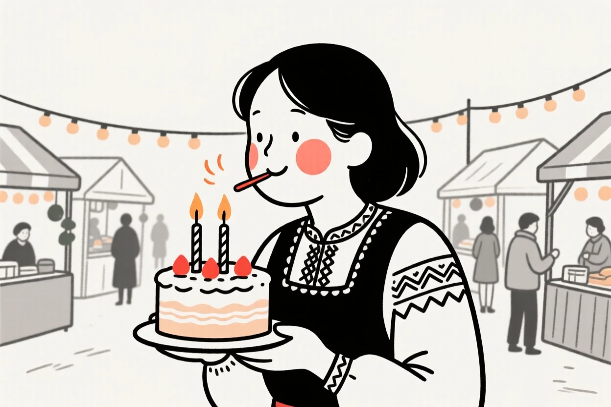 A mother of Norwegian heritage blowing out birthday candles, at a bustling holiday market.