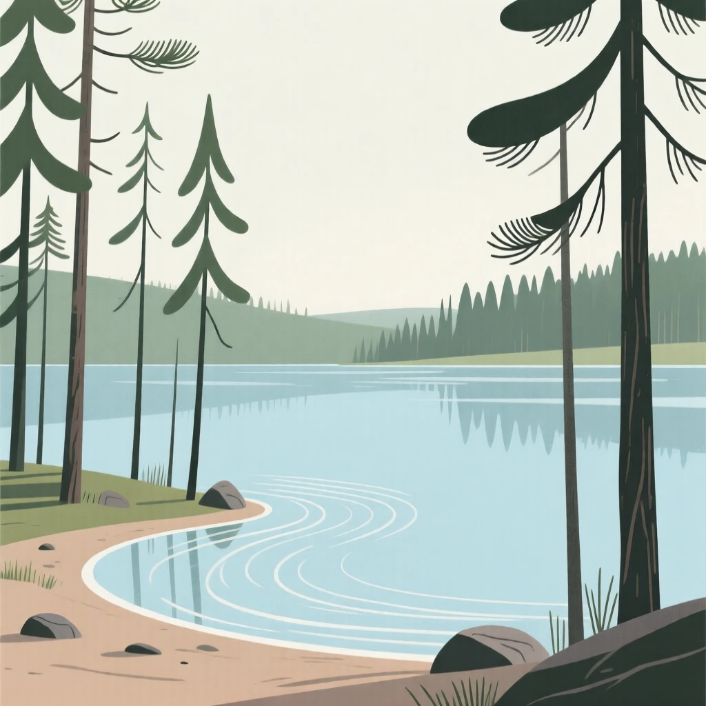 A tranquil quiet lagoon surrounded by tall pines, with gentle ripples on the surface.