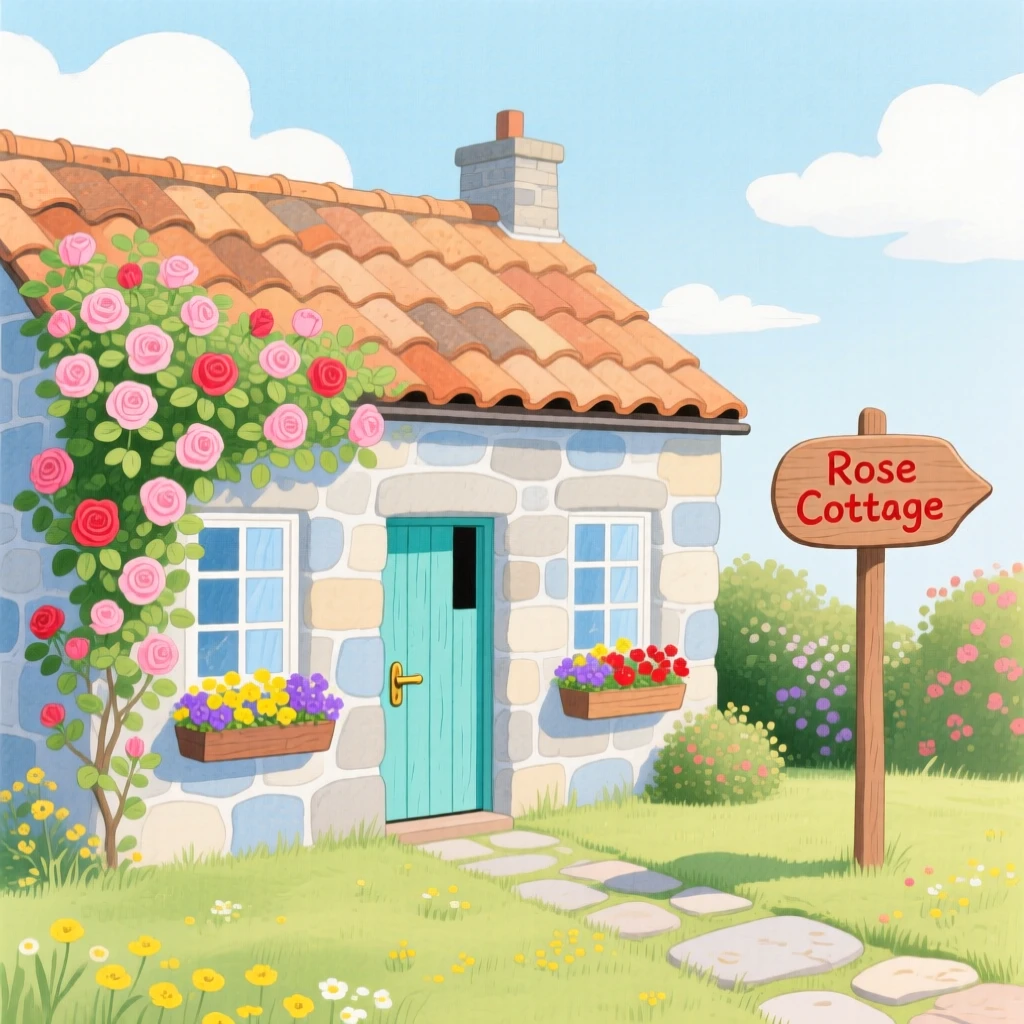 A peaceful view of a stone cottage covered in climbing roses.