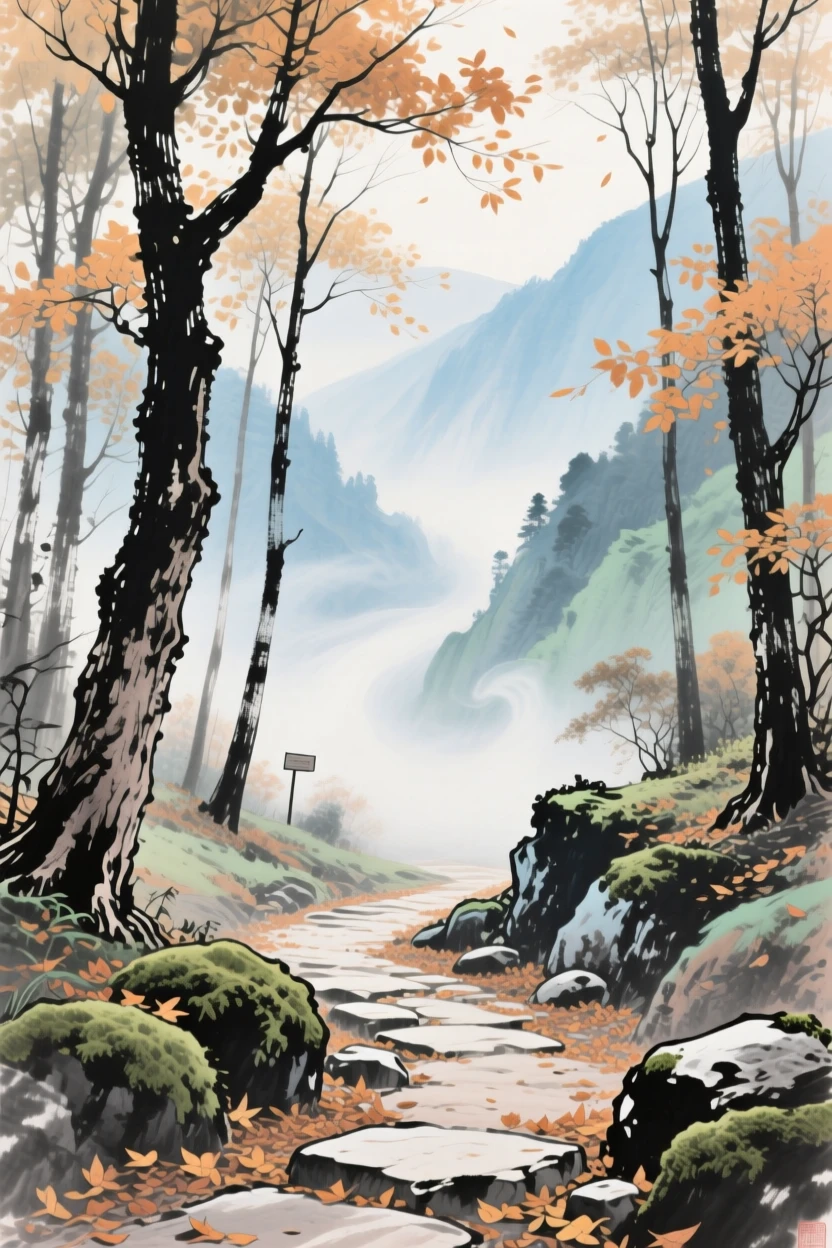 A forest path dappled with soft light, where mist curls upward from the valley floor, at midday, touched with gentle melancholy, at the turn of autumn.