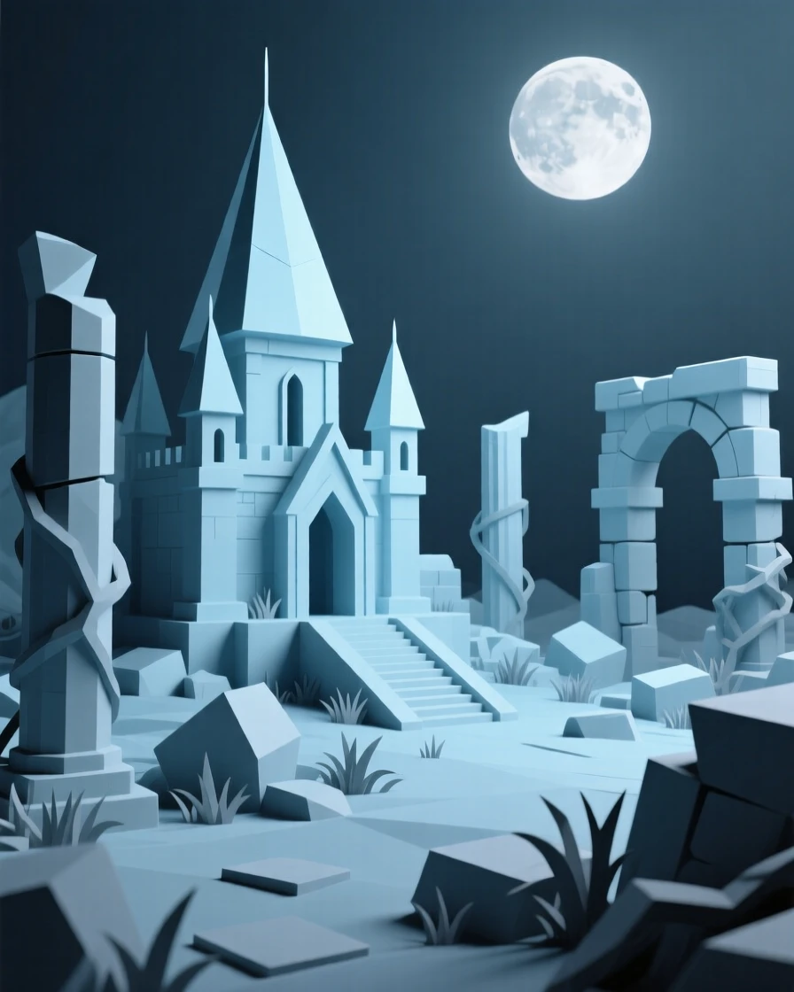 An ice queen's palace shimmering under the moon, amid ancient ruins reclaimed by nature. the composition frames the subject as a clear focal point. It radiates a feeling of legendary grandeur.