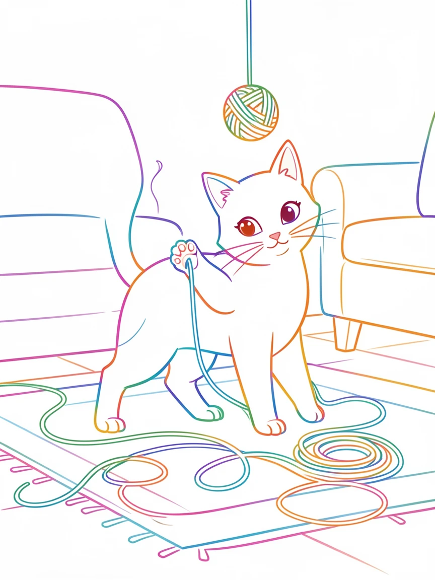A cat batting at a dangling ball of yarn that has unraveled across a living room floor.