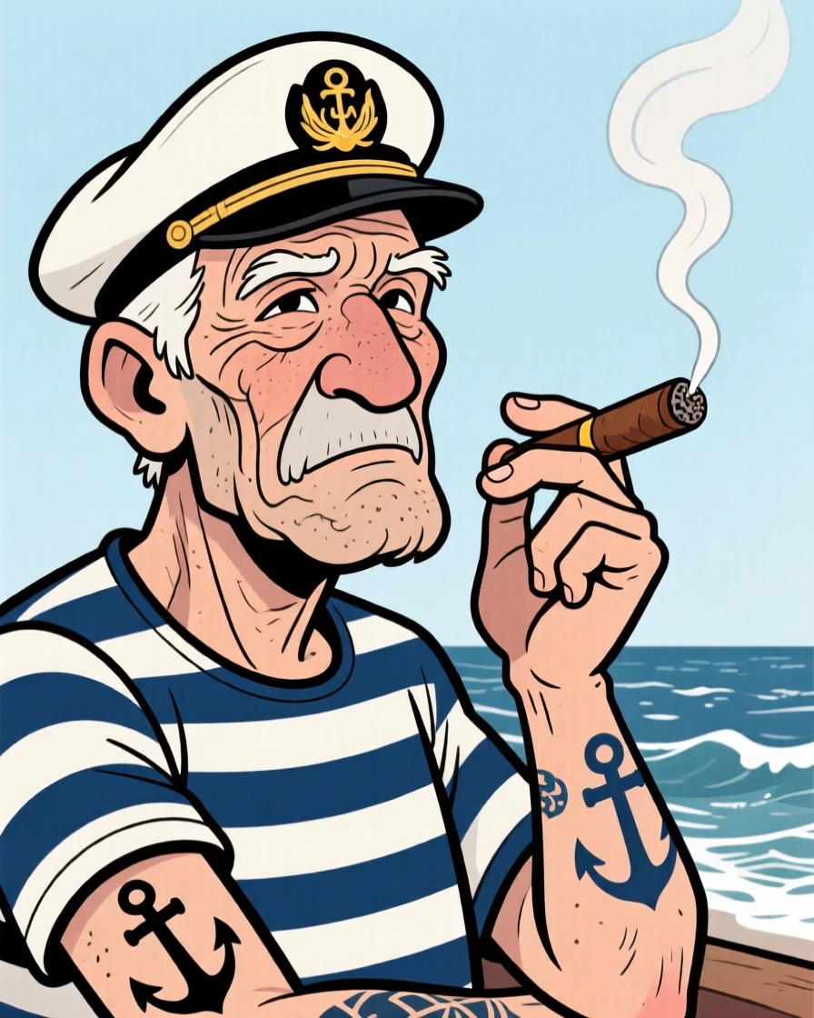 A memorable character portrait of a wise old sailor with anchor tattoos, rolling a cigar between his fingers, squinting at the horizon.