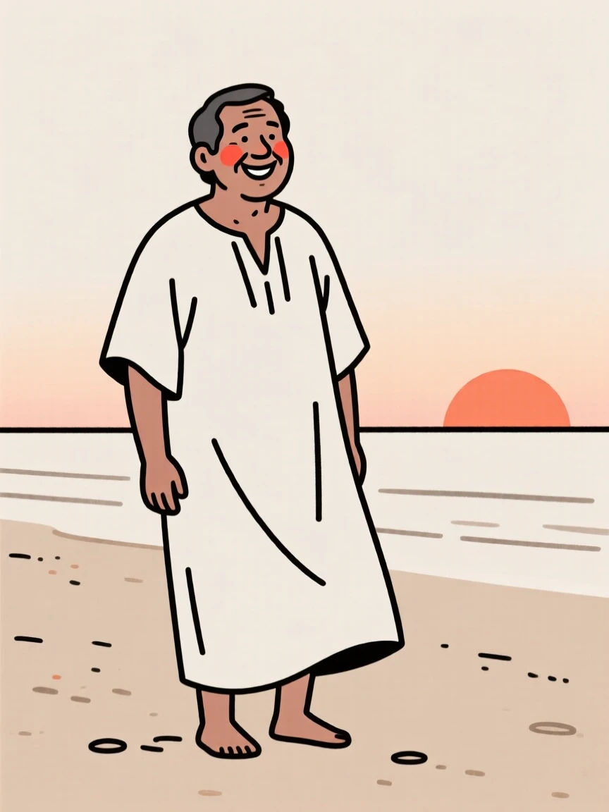 A middle-aged man of Peruvian heritage in a flowing bohemian dress, grinning mischievously, on a sandy beach at sunset.