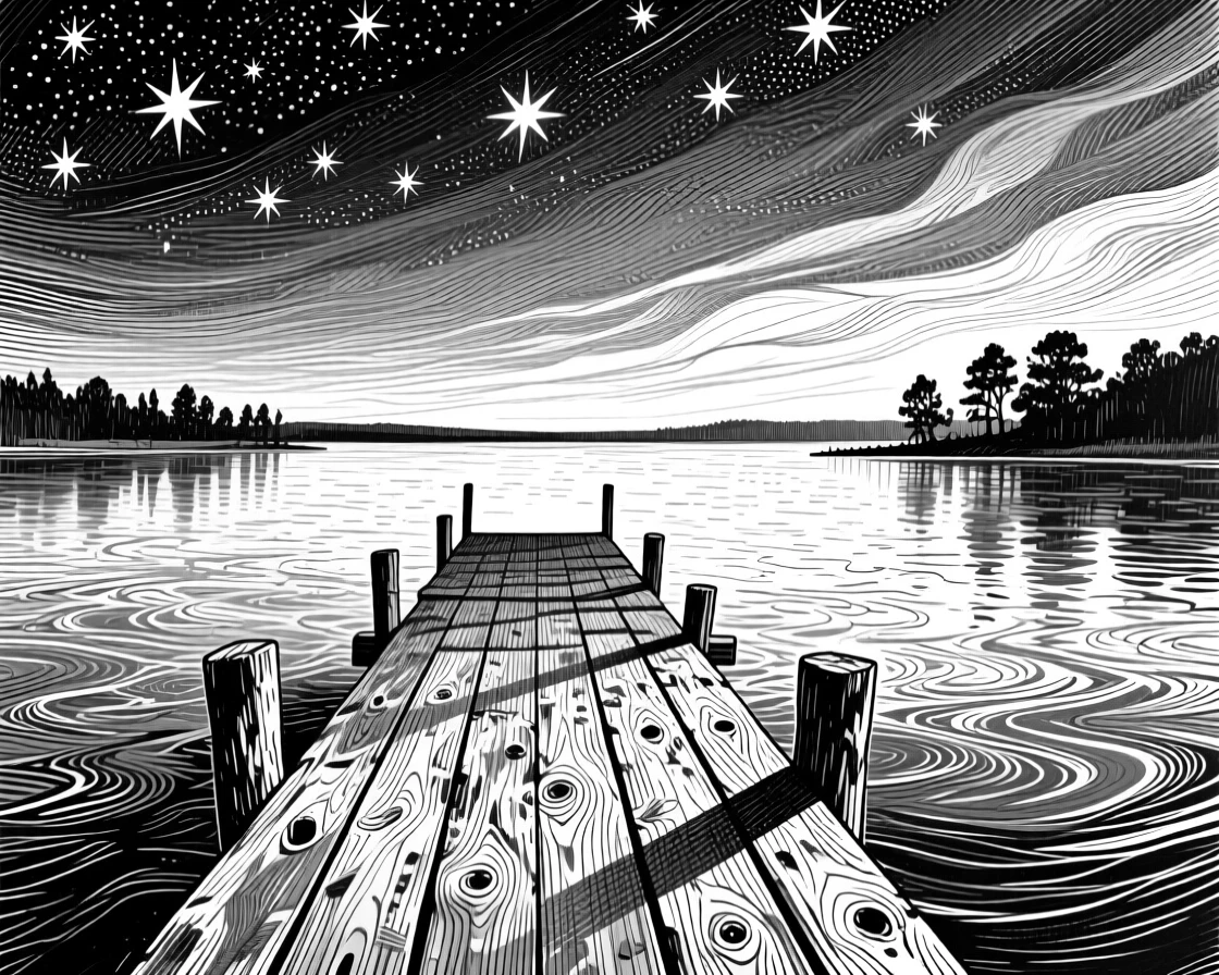 A wooden dock beneath a canopy of stars beginning to appear, with reflections shimmering on the water's surface, evoking a windswept and dramatic atmosphere in a wide, balanced composition.