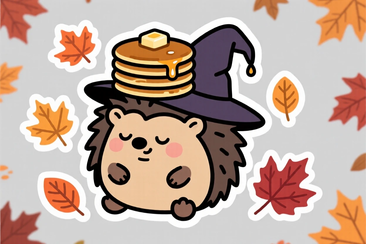 A sleepy round hedgehog wizard balancing a stack of pancakes on its head, among scattered autumn leaves.