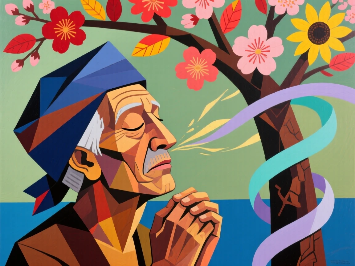 A candid medium shot of a grandfather of Balinese heritage closing their eyes to savor a warm breeze, beneath a blossoming tree in spring.