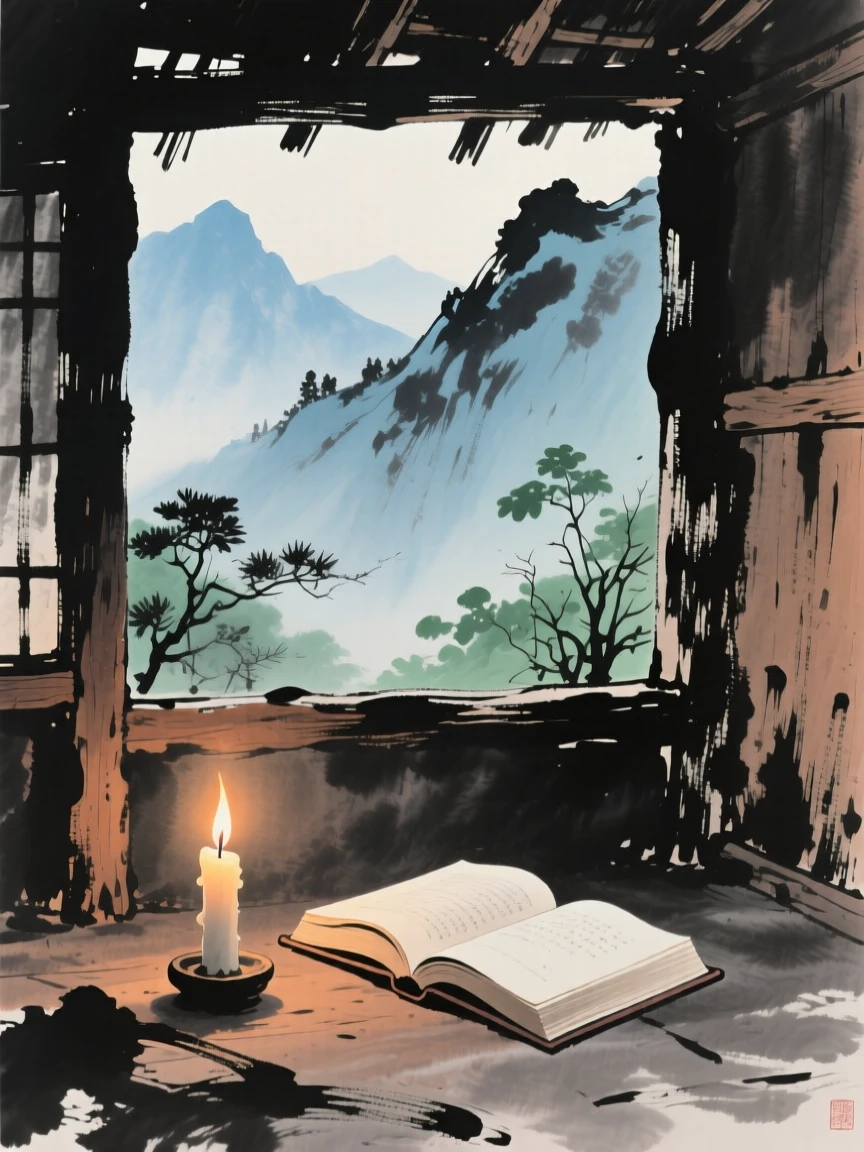 A single candle burning beside an open book in a mountain hut, touched with gentle melancholy.