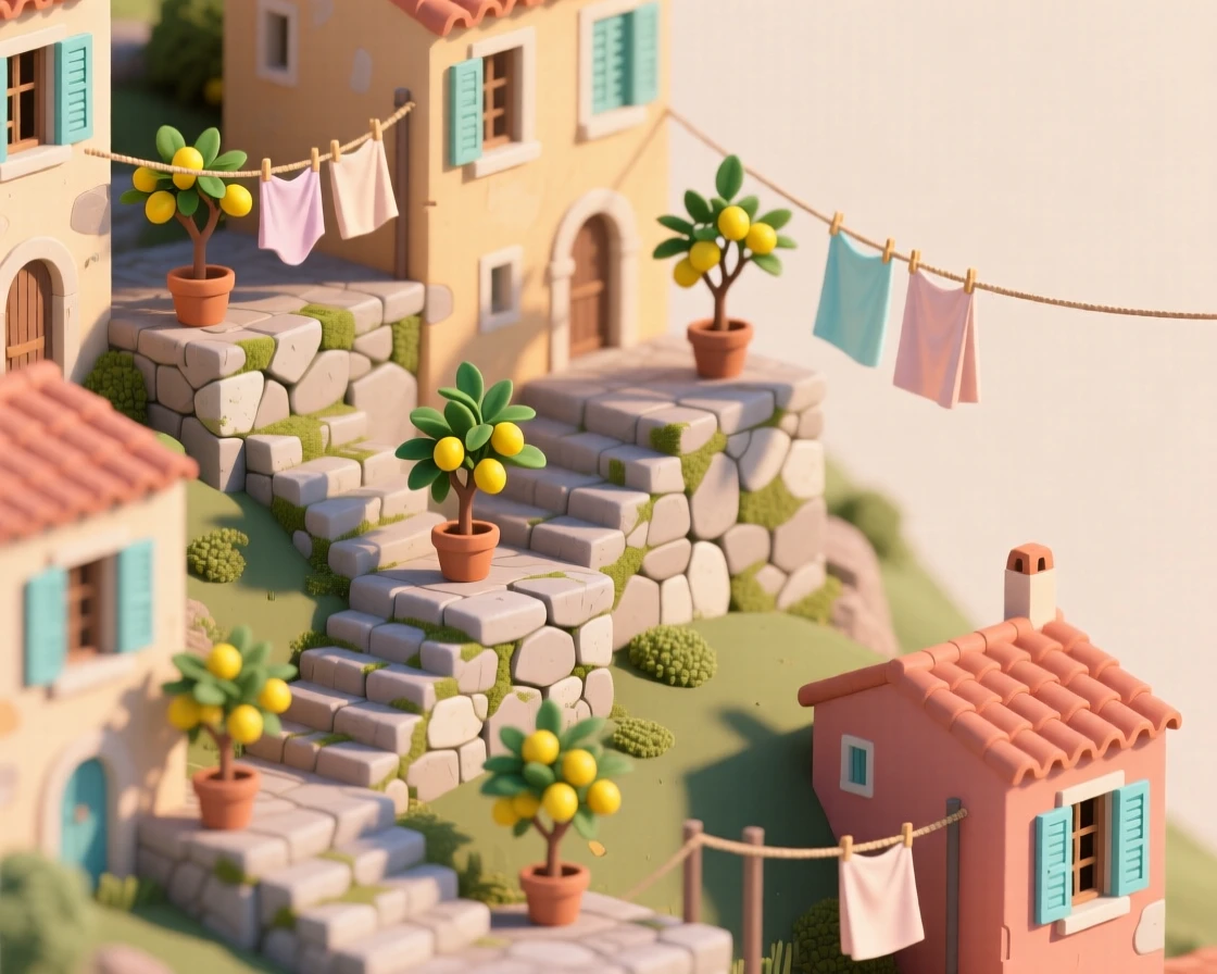 A hillside terraced neighborhood in Mediterranean colors, connected by winding stone stairways, potted lemon trees on every landing, and laundry strung between buildings.