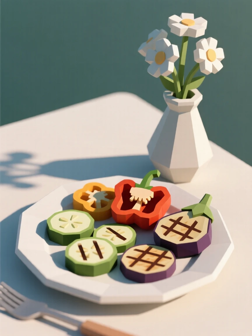 A platter of grilled summer vegetables, beside fresh flowers in a small vase. soft natural light highlights rich textures and colors. The setting feels indulgent and delicious.