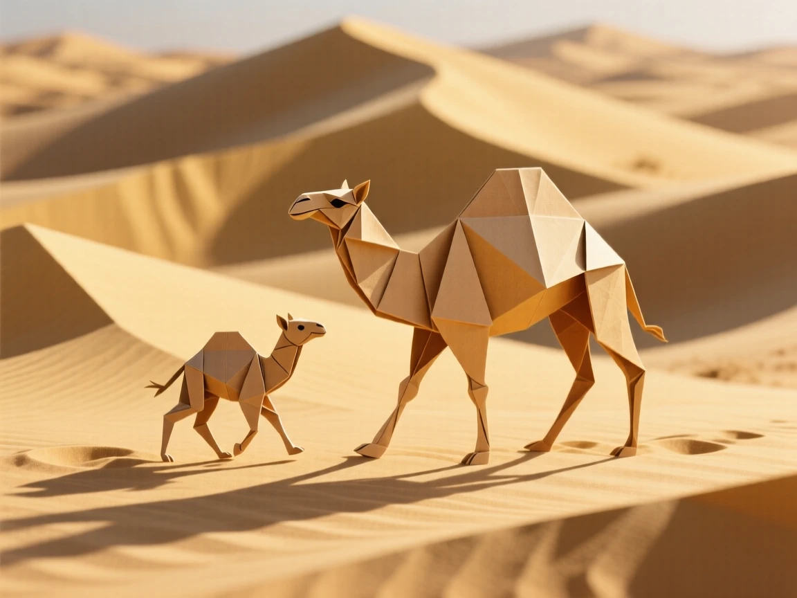 A baby camel trotting beside its mother across golden dunes, long shadows stretching across the sand.