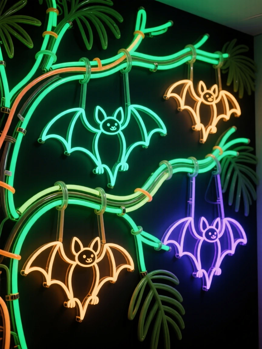 A colony of fruit bats hanging from the branches of a rainforest tree.