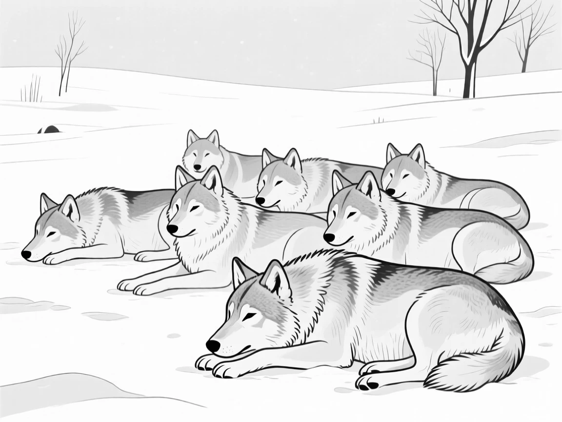A pack of wolves resting together in a snowy clearing