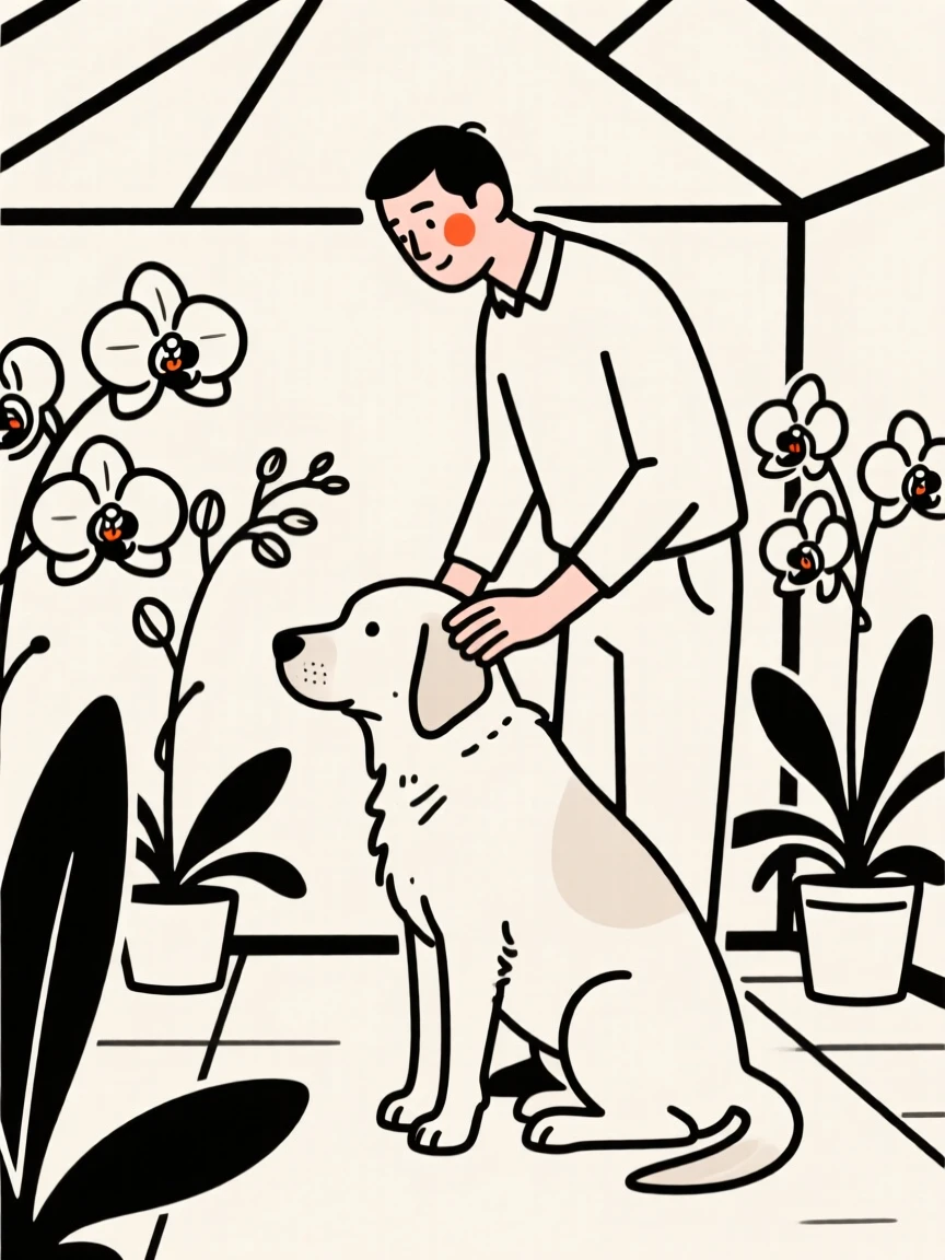 A father with a gentle old labrador, in a greenhouse full of orchids.