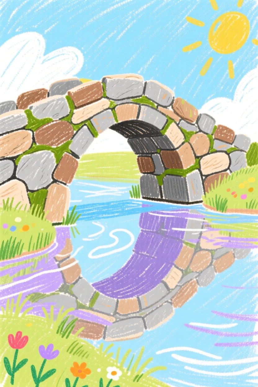 A view of an old stone bridge reflected perfectly in still morning water.