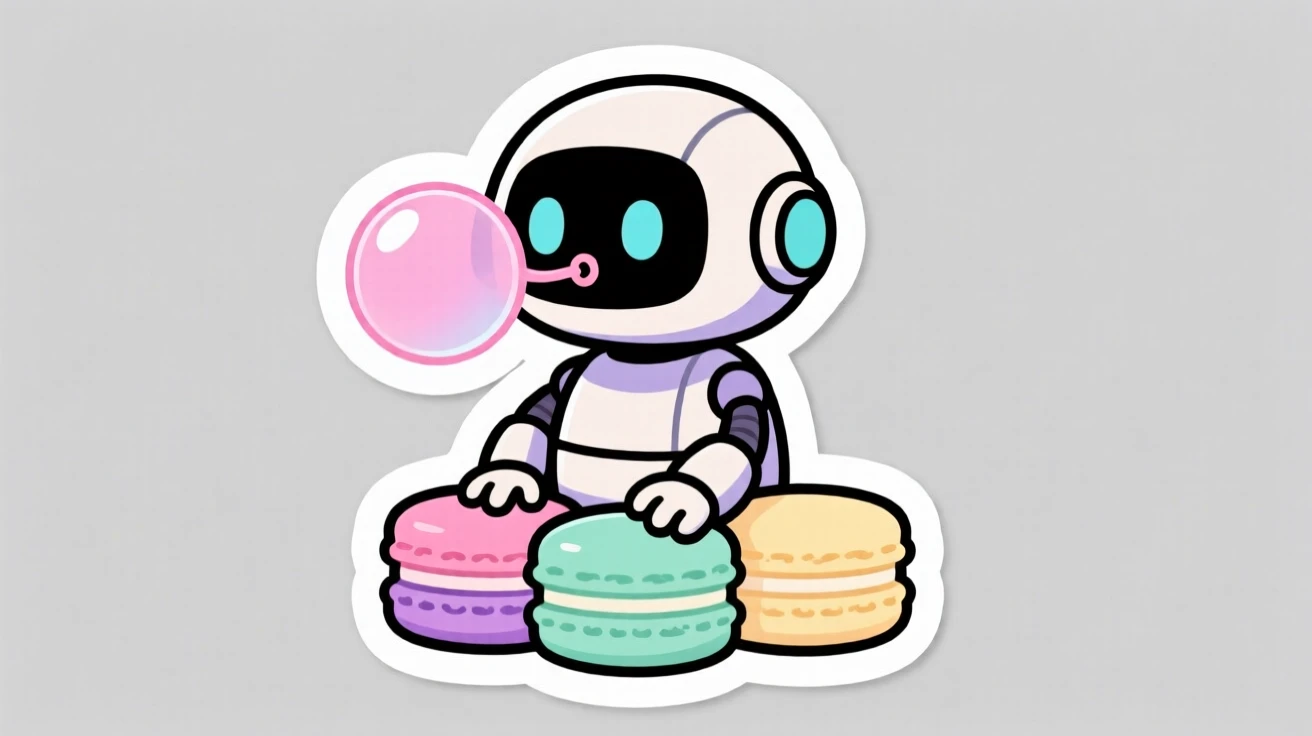 A shy little robot with round eyes blowing a big bubblegum bubble, on top of a stack of pastel macarons.