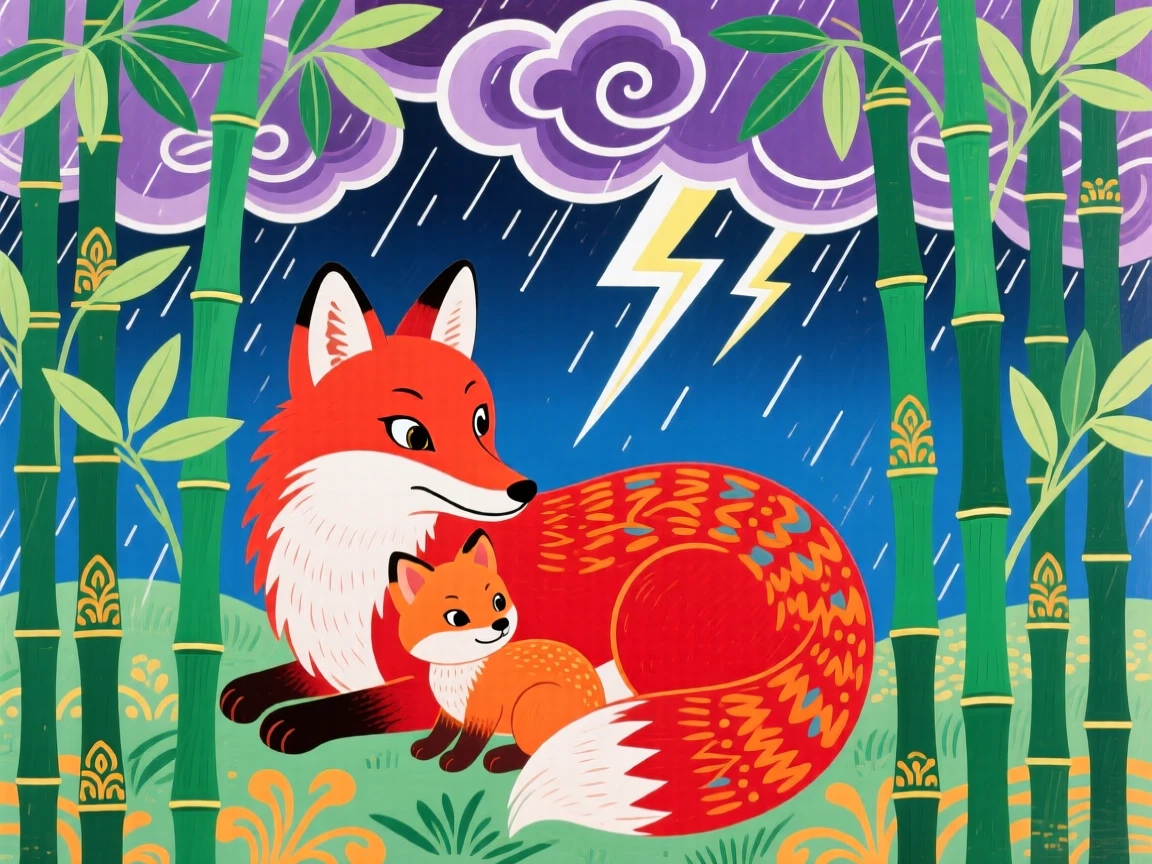 A red fox with its young in a bamboo grove, during a summer thunderstorm passing in the distance.